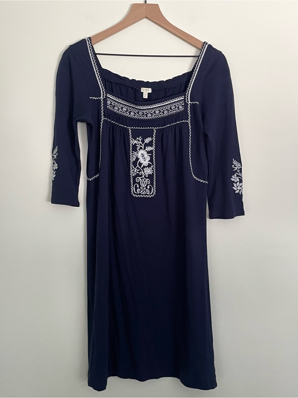 J. Crew Navy Three Quarter-Sleeve Embroidered Cotton Peasant Dress